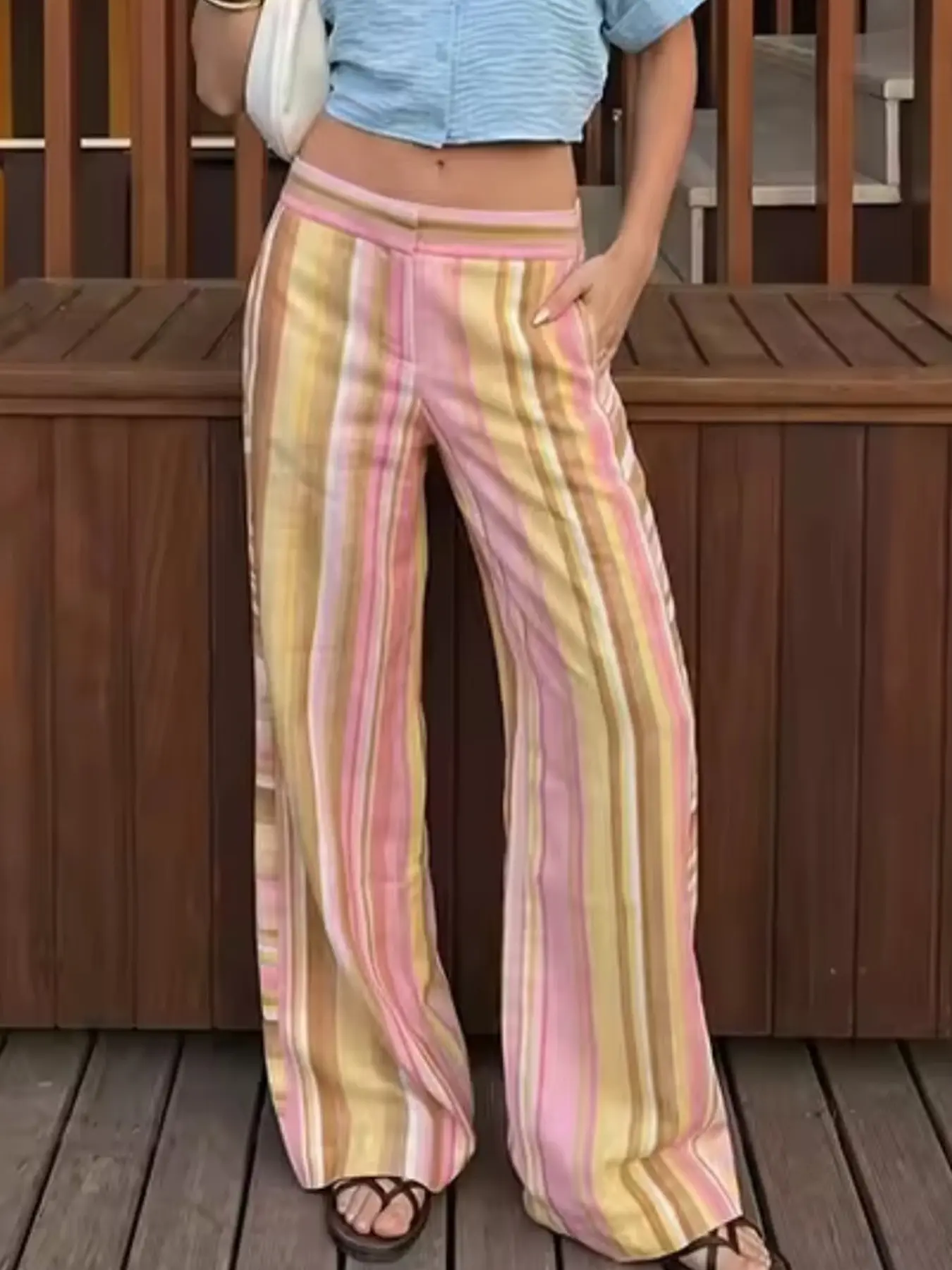 Bohemian Wide Leg Mid Waist Lightweight Pants for Women, Casual Striped Baggy Pants for Beach, Resort and Music Festival, Streetwear