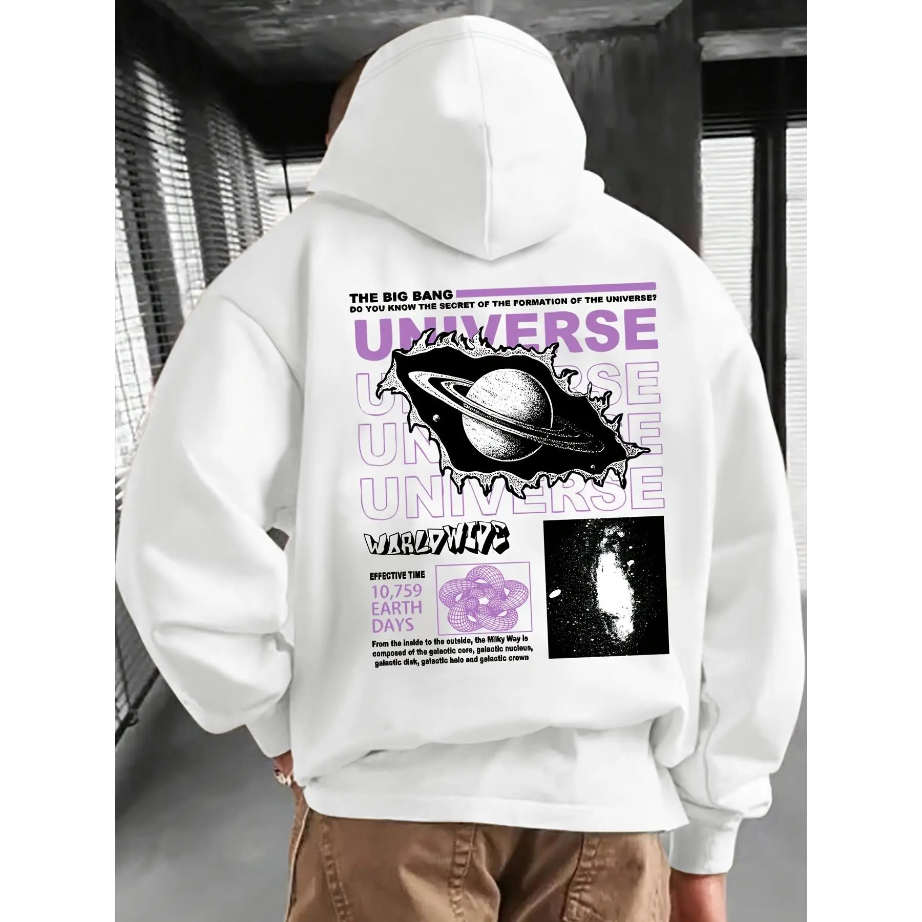 Oversized Pullover Hoodie, Double-Sided UNIVERSE Galaxy Graphic Sweatshirt, Mini Chest Text Print & Back Big Bang Saturn Planet Hooded Top, Unisex Streetwear