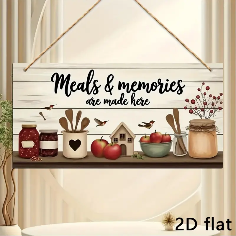 2D Flat, a rustic wooden home kitchen decorative plaque and ornament "Create Food and Memories Here," kitchen wall art with a cooking theme, featuring fruit and bird motifs, suitable for restaurants, rustic-themed wall decoration