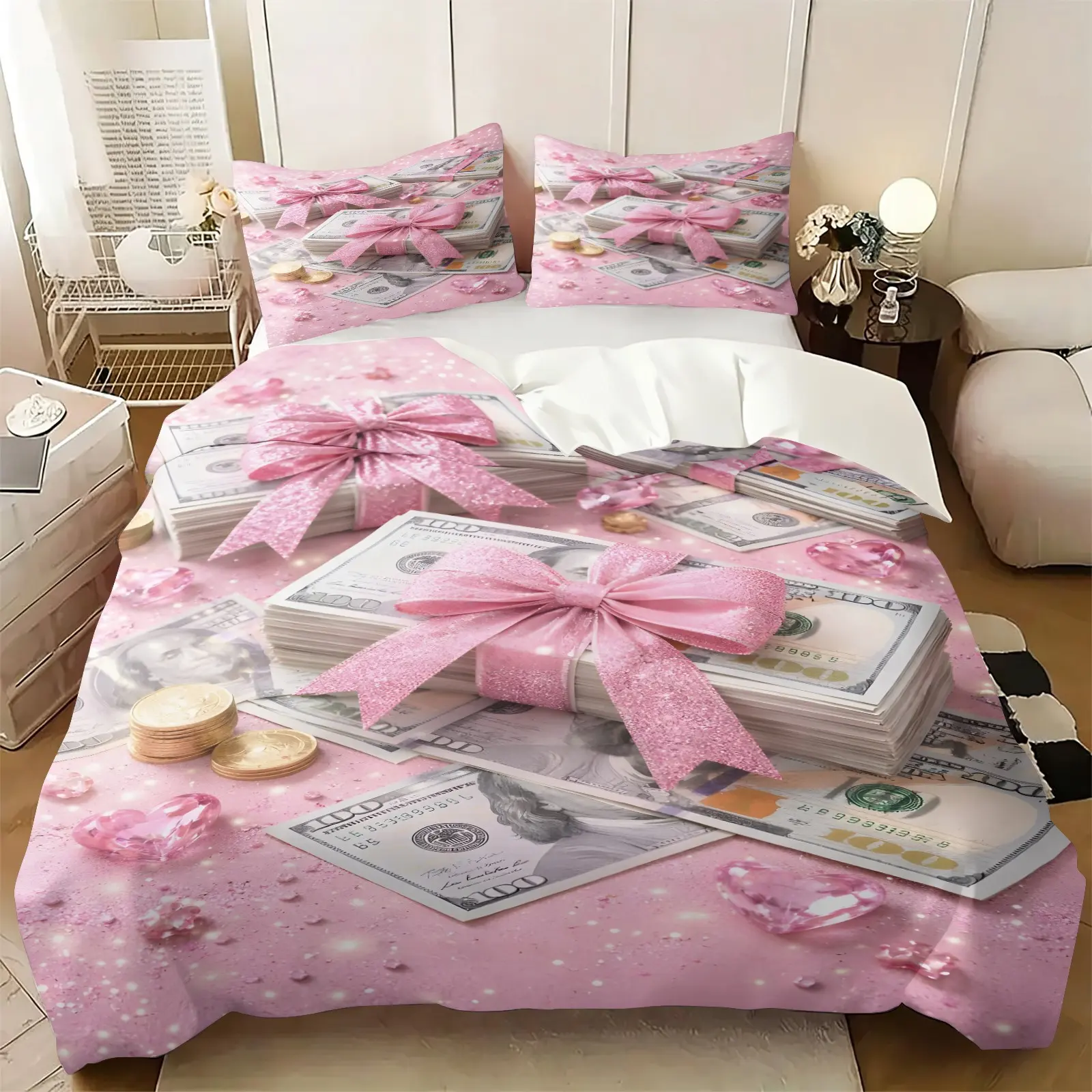 US Dollar Bill and Pink Bow Bedding Set；Luxury "Get Rich" Themed Duvet Cover Set (2/3 Piece); Wealth-Inspired Bedroom Decor for Women; Holiday Gift for Girls Suitable for Master Bedroom or Dorm;(1 Duvet Cover + 1 or 2 Pillowcase) Available in 5 patterns