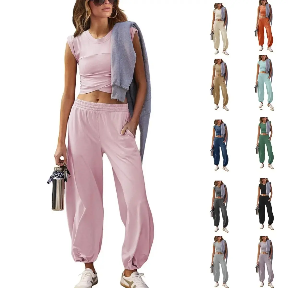 Women's Two Pieces Sweatsuits Casual Cropped Tee Top Sweatpants Athletic Tracksuits