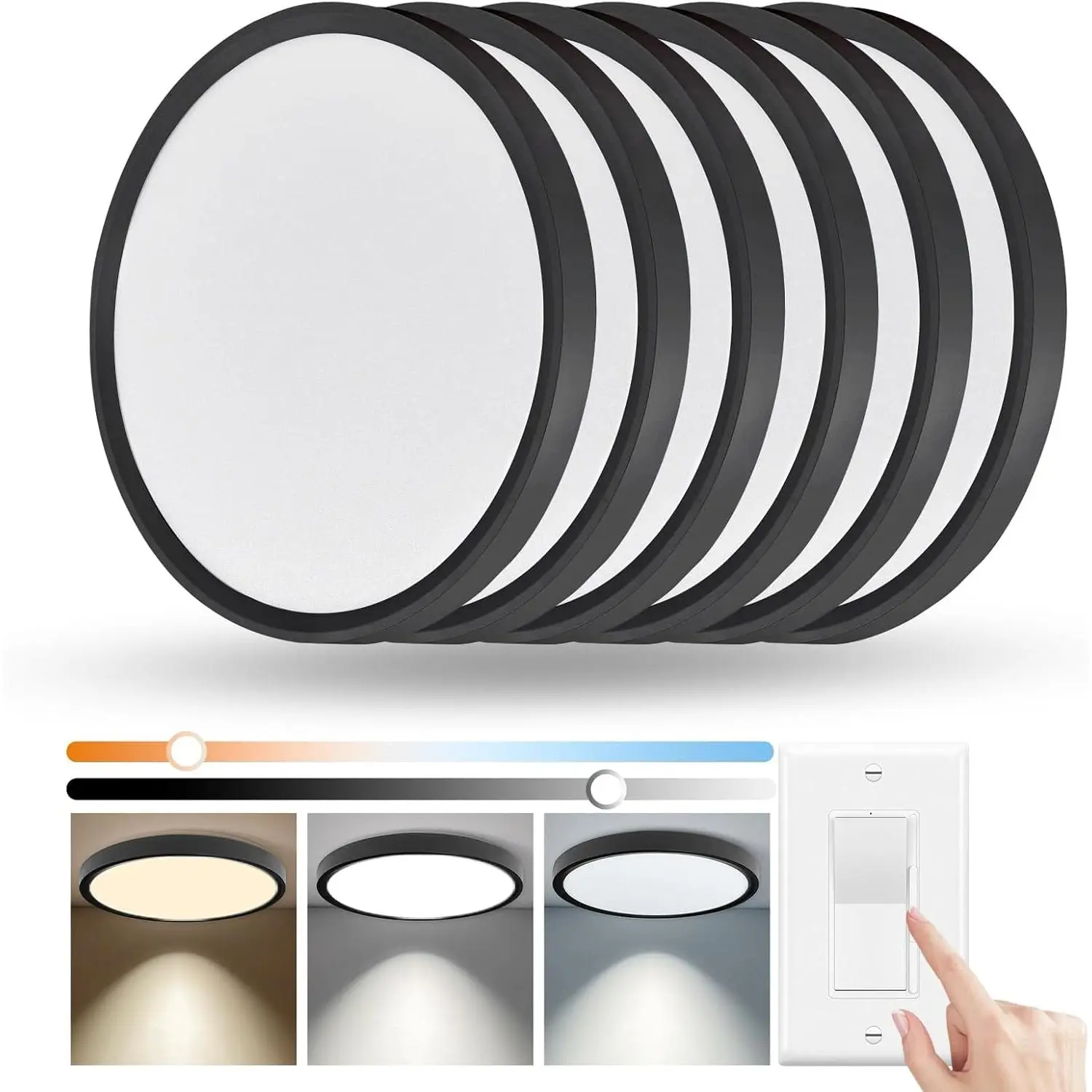 6-Pack 12-Inch Hardwired Dimmable Round LED Flush Mount Ceiling Lights, 24W 2640LM 3000K/4000K/5000K, 240W Equiv., Black Indoor Use Fixtures for Bedroom, Hallway