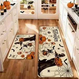 Set of 2Halloween Ghost Bat Pumpkin Kitchen Rug Set, Washable Non-Slip Low Profile Floor Mat, Ideal for Kitchen Laundry Hallway Decor