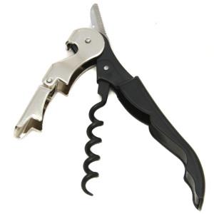 Wine waiter's corkscrew, with foil cutter and bottle cap opener, 5 inches long, stainless steel/black.