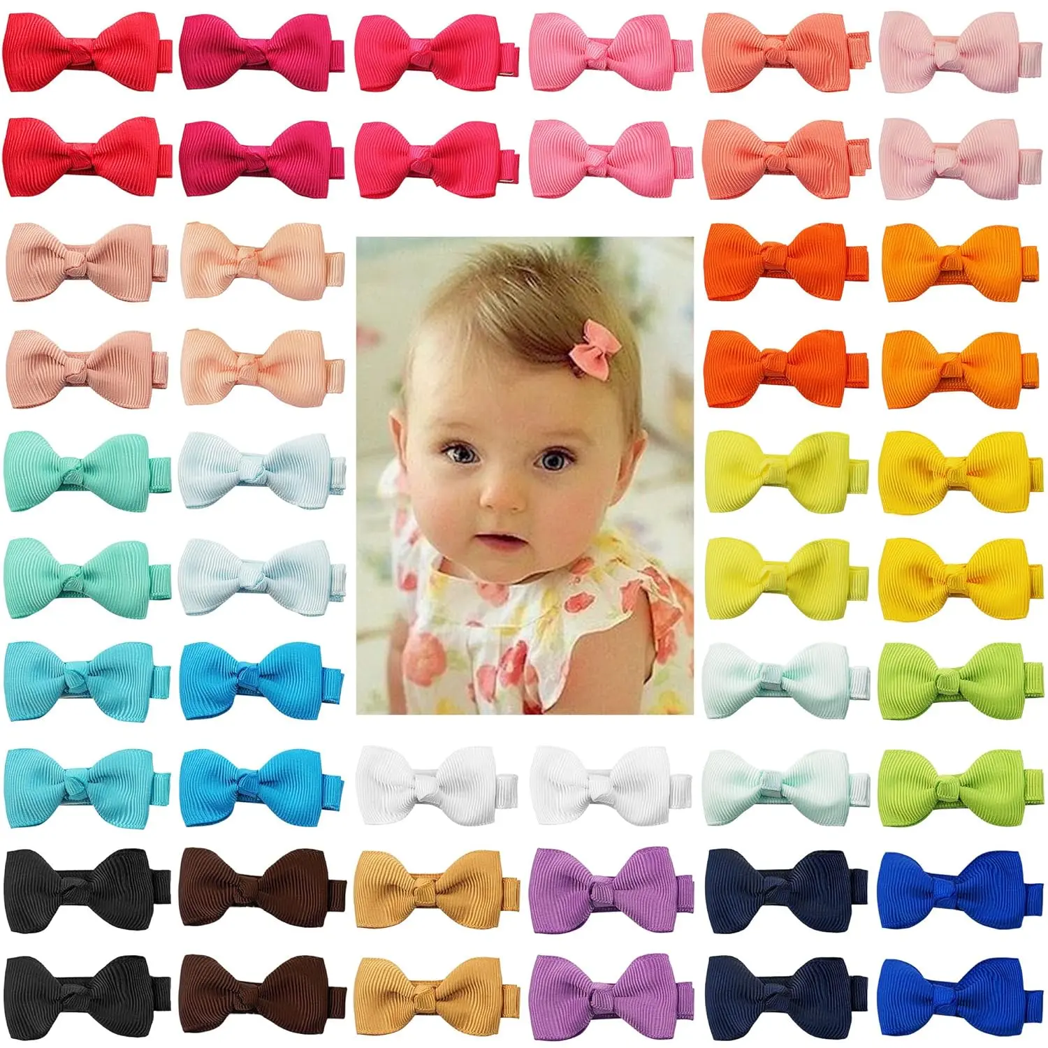Baby Hair Clips 50 Pieces 25 Colors in Pairs Baby Girls Fully Lined Bows Hair Pins Tiny 2" Hair Bows Alligator Clips for Girls Infants Toddlers