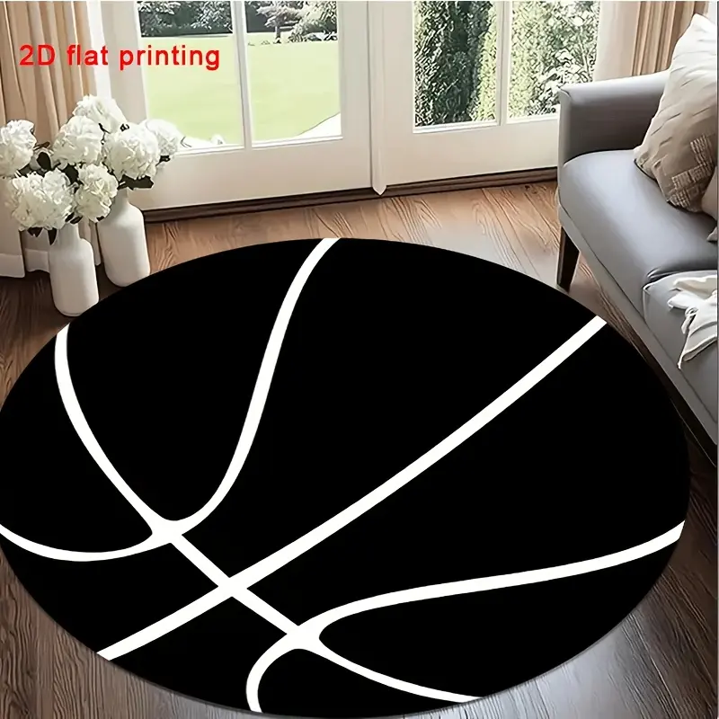 Black Basketball Pattern Round Mat Flannel Carpet,100% Polyester Suitable for Study, Bedroom Entrance, Living Room, Study Entrance, Bedroom, Corridor, Indoor Outdoor Entrance, Lightweight