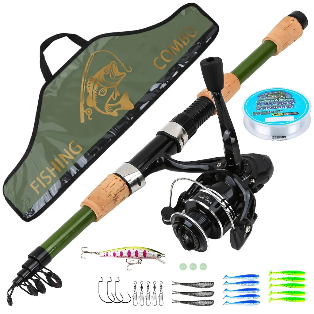 Army Green Outdoor Bass Fishing Tackle Kit - All-in-One Telescopic Rod and Reel Combo with Carrying Bag, Portable Gear for Camping & Outdoor Trips, Fishing Tackle Set