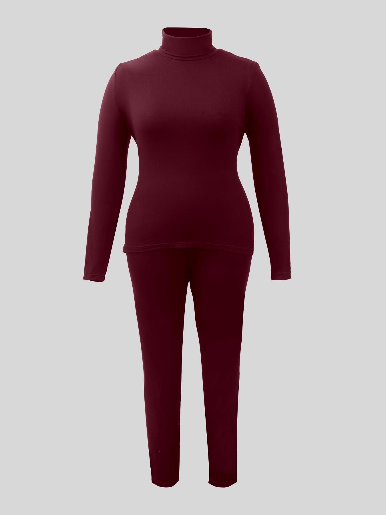 【Plus Size】 Two-Piece Set Solid Long Sleeve Tee & Skinny Pants, Casual Turtleneck Top & Trousers for Daily Outdoor Wear, Women's Two-piece Outfits for Fall & Winter