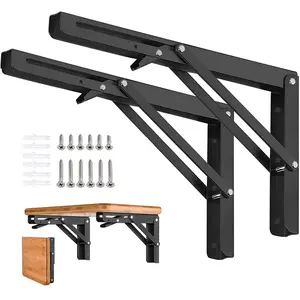 Folding Shelf Brackets - 16 Inch 2 Pcs Heavy Duty Stainless Steel Collapsible Triangle Shelf Bracket, DIY Wall Mounted Folding Table Hinge, Space Saving for Bench Table with Screws