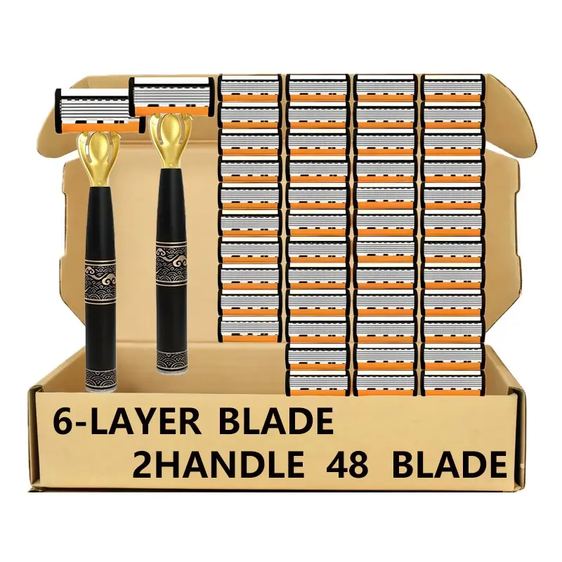 Six-Layer Precision Stainless Steel Men's Razor Set, Shaver Set, Razors Set, 2 Handles + 48 Replacement Blades, Gentle on Sensitive Skin, Perfect Gift