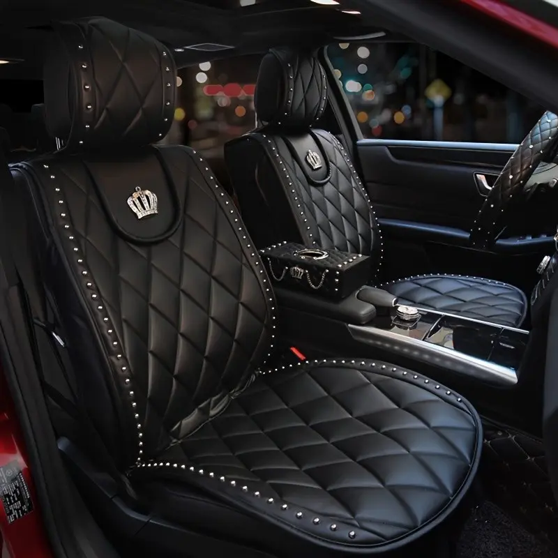 Vintage Metal Rivets Sparkling Rhinestones Queen Crown Decor Luxury Universal Car Seat Covers Front Seats, Elegant Automotive Accessories