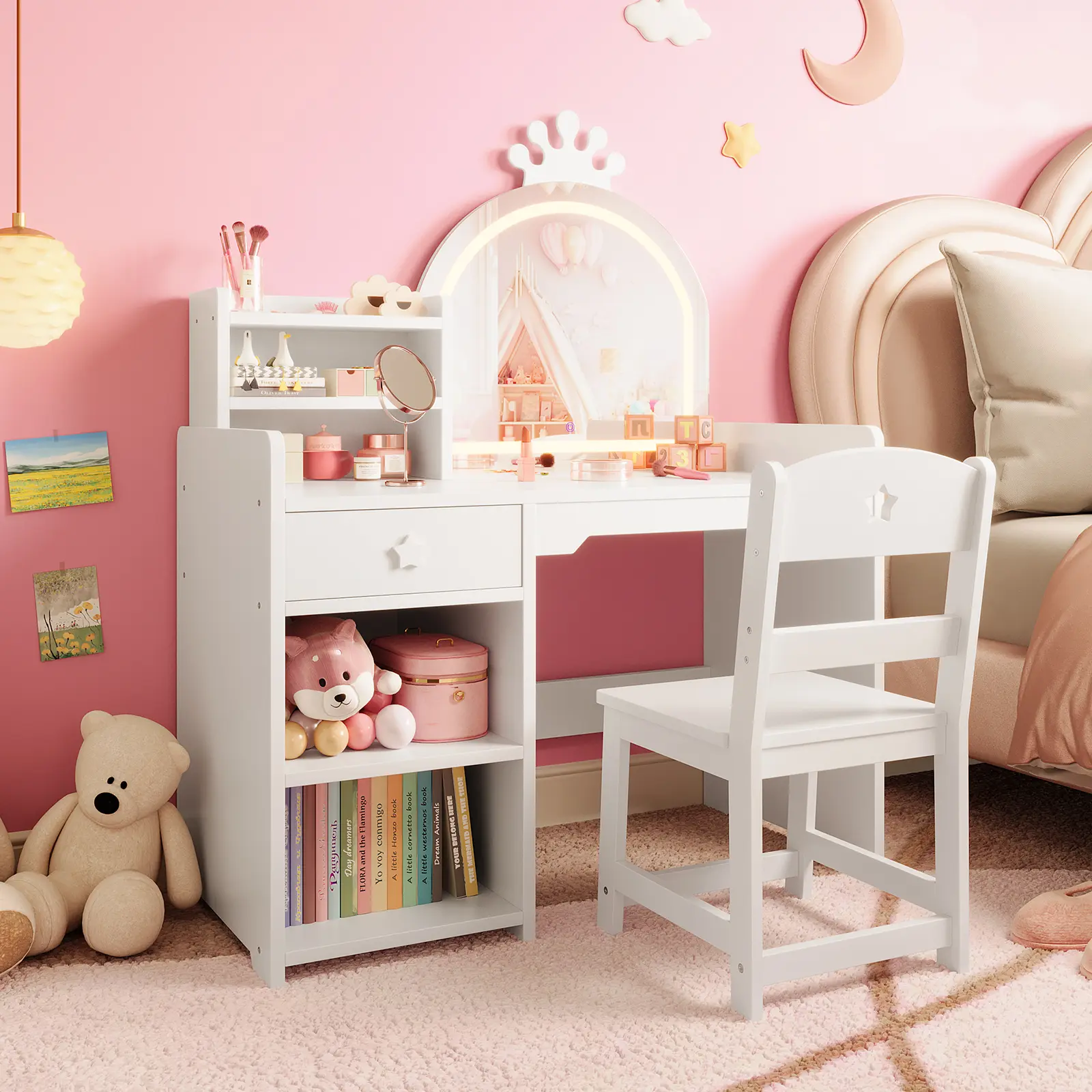 2-in-1 Kids Vanity Table & Chair Set with LED Lighted Mirror – Princess Makeup Desk Bookshelf Storage Cabinet Open Shelves Wooden Dressing Table – Child-Safe