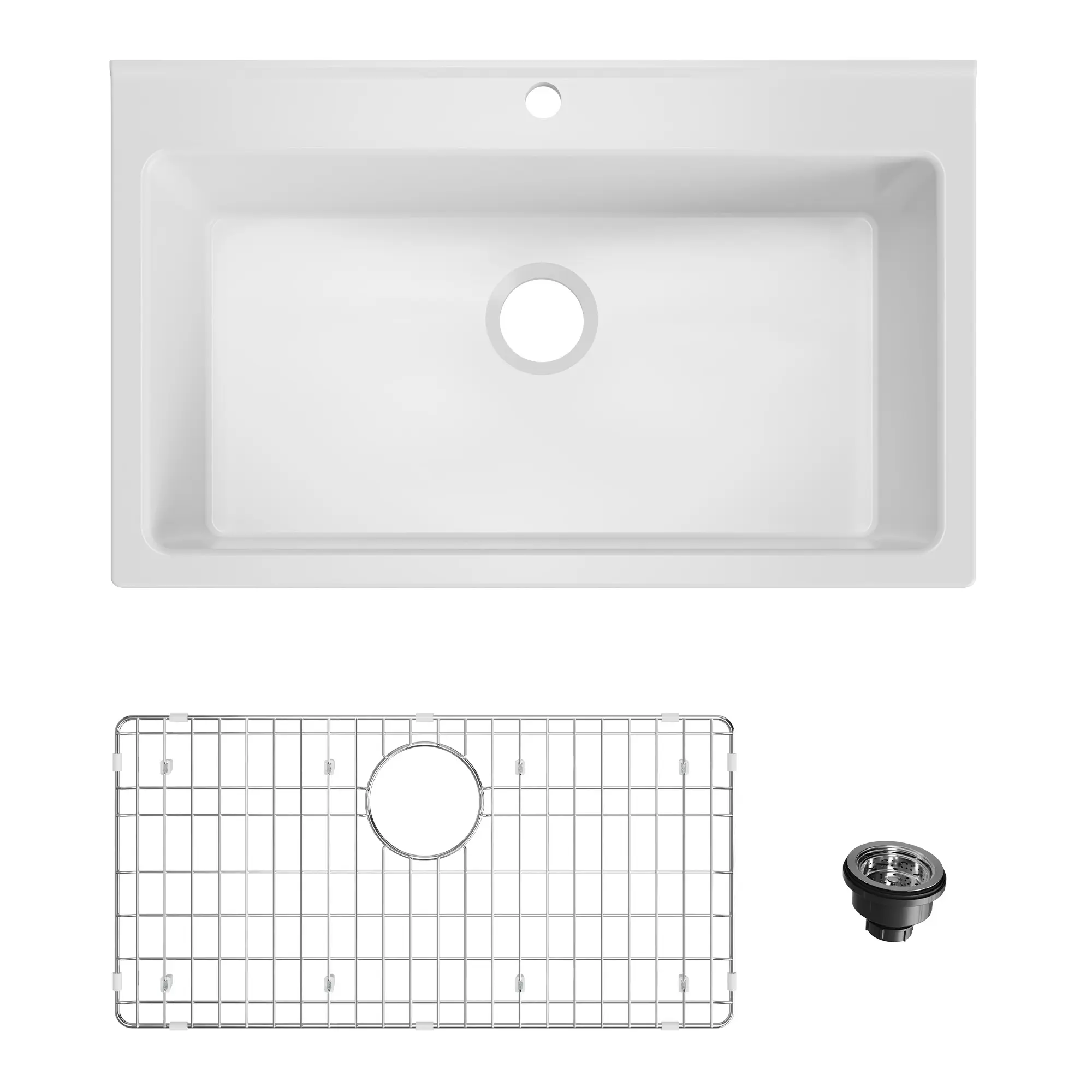 33 Inch Ceramic Farmhouse Sink, White Apron Front Farm Sink 33"x22"x10", Deep Single Bowl Kitchen Sink with Stainless Steel Bottom Grid and Strainer for Modern Kitchens