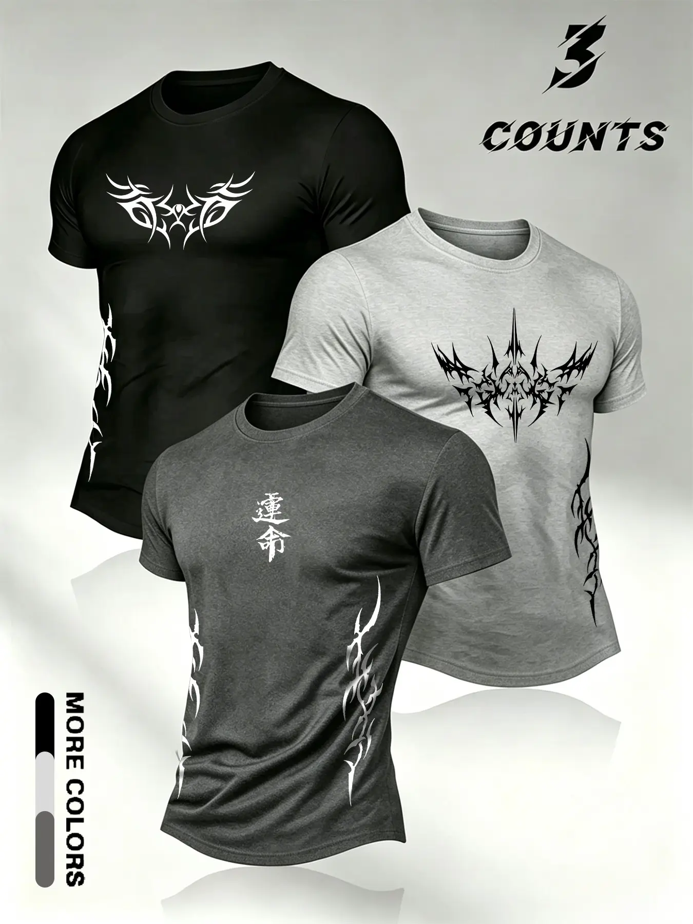 3-Pack Men's Slim Fit Crew Neck Sports Tees, Athletic Fitted Tee Tribal Thorn Totem Double-Sided Print Gym Training Tops