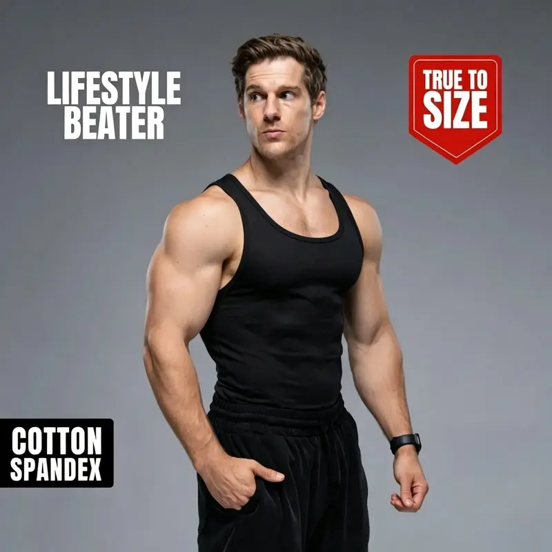 Men's Cotton-Spandex Lifestyle Beater Muscle Tank Top - True Size, Slim Fit Shirt, Gym Wear, Casual Daily Sleeveless Top