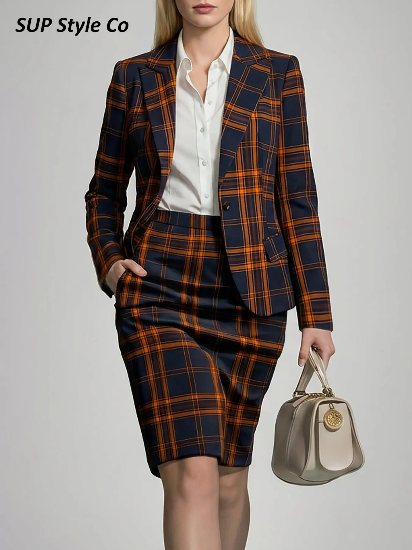 Women's Two-Piece Navy Plaid Check Suit Set, Jacket + A-Line High Waist Skirt, Vintage Modern Style, Office, Formal Events, Luxury Social