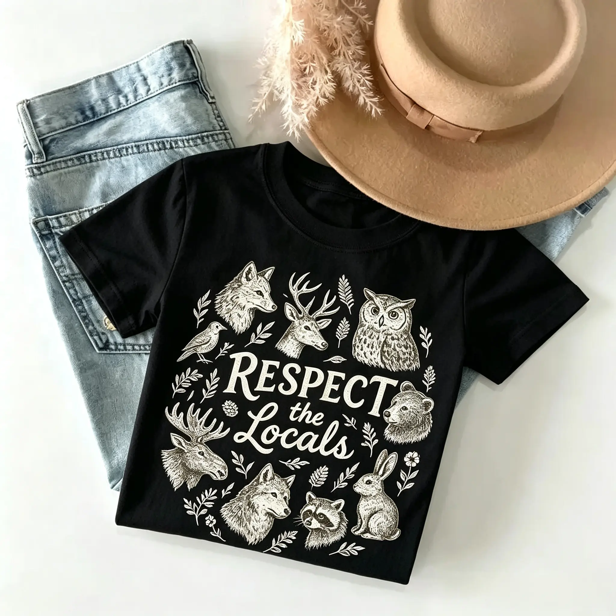 Wildlife T Shirt Women, Respect The Locals Graphic Tee, Forest Animal Shirt, Nature Lover Gift, Vintage Woodland Animals Print T-Shirt