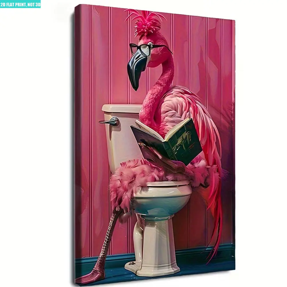 12x16 Inch Framed Canvas Print Wall Art Poster with humorous design of pink flamingo sitting on toilet reading book, whimsical flamingo decor suitable for bathroom, living room, bedroom and general home decoration Personalized Pet Portrait church unique