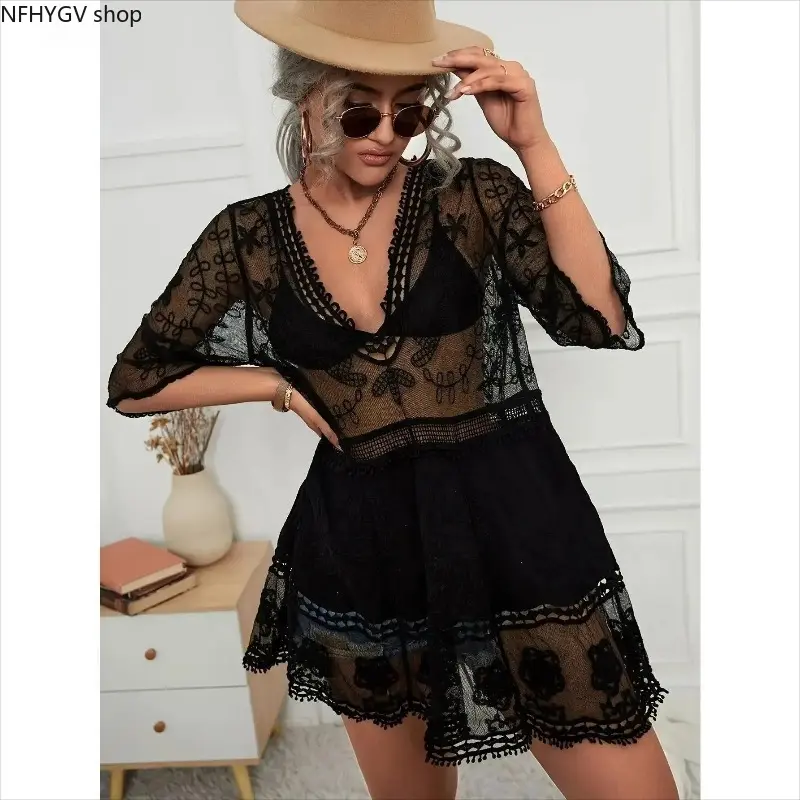 V-Neck Sheer Mesh Beach Cover Up Decorated With Delicate Lace Embroidery, Flattering Wrap Style Sexy Bikini Outer Garment Perfect For Beach Strolls, Resort Trips And Warm Season Pool Leisure Styling