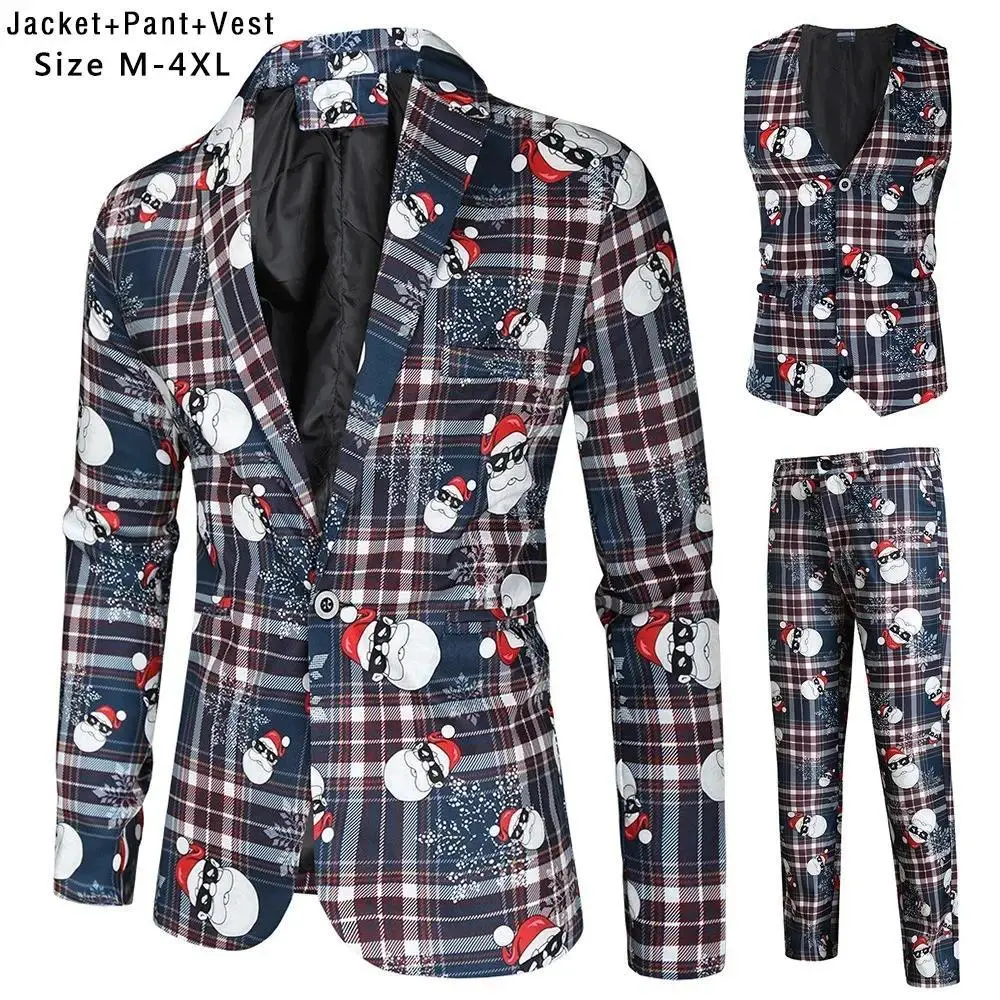 Snowman Plaid 3 Piece Casual Business Printed Suits Men's Christmas Party Suit Funny Costume Novelty Xmas Jacket Trousers Vest