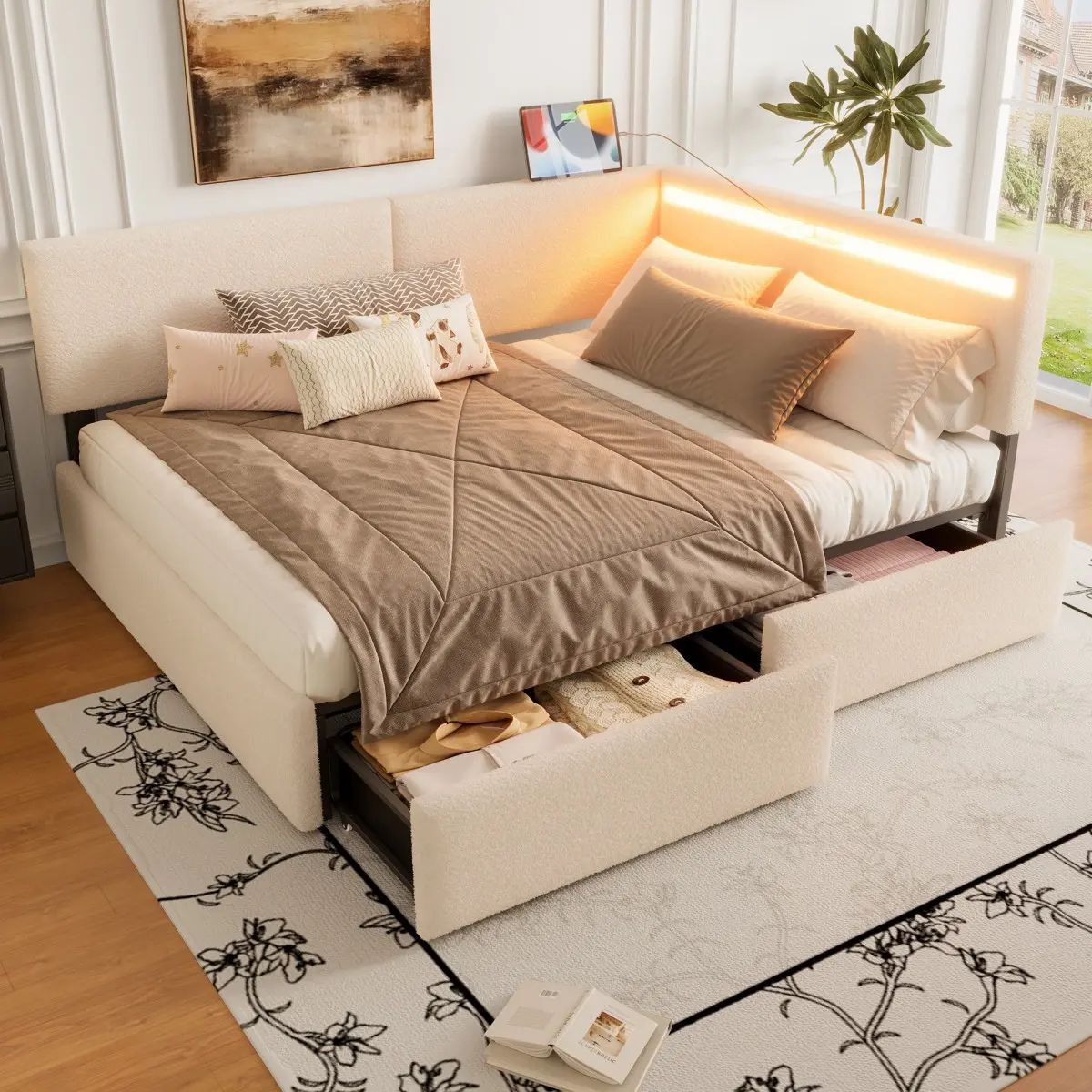 Full Size Upholstered Cloud Bed Frame with Headboard, with 2 Storage Drawers , LED light and USB Charging Design, Solid Wood Legs and Slats, No Box Spring Needed, Beige