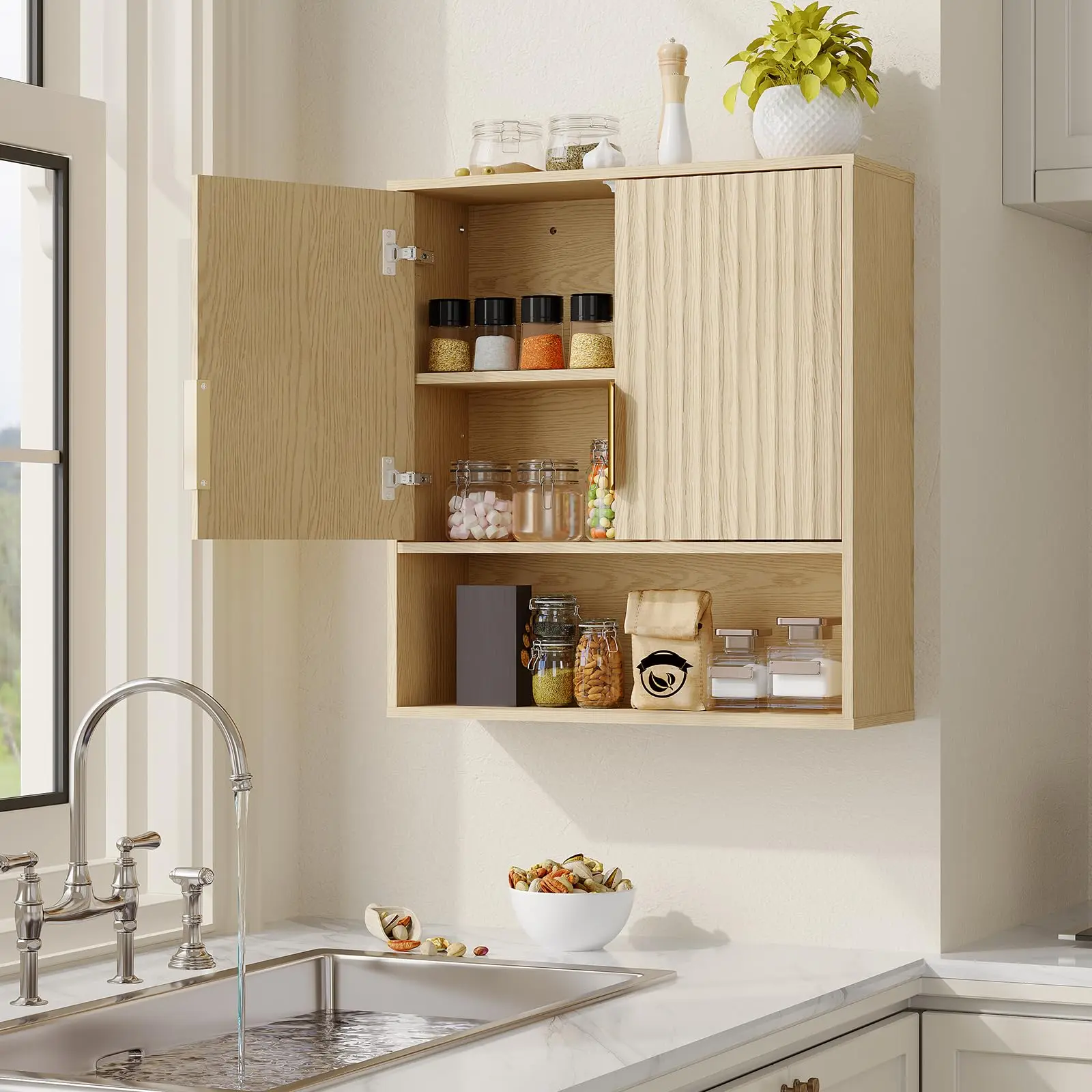 Fluted Bathroom Wall Cabinet, Over Toilet Medicine Cabinet with Adjustable Shelf, Floating Wall Mounted Storage for Bathroom Kitchen Laundry