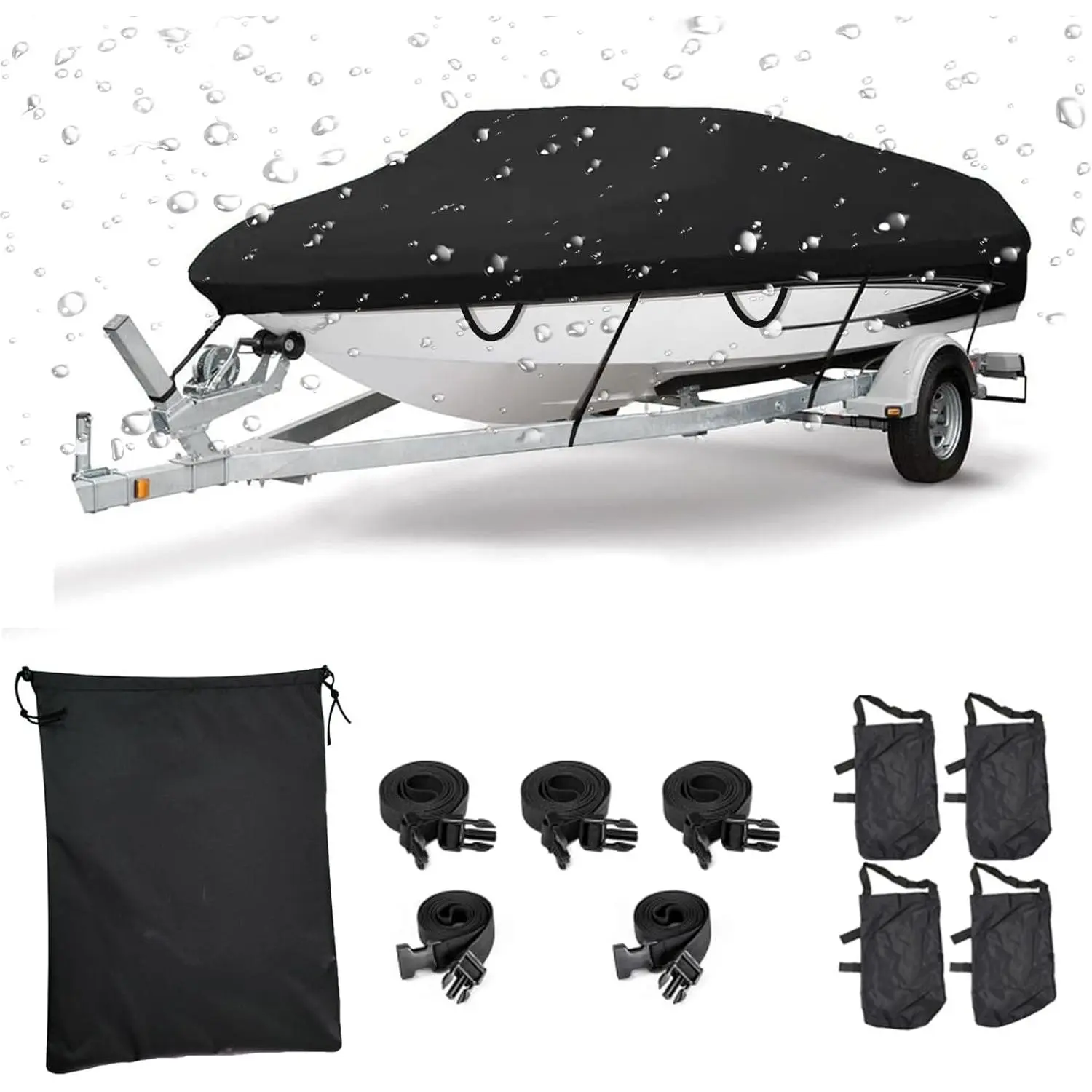 Boat Cover , Waterproof Trailerable Boat Cover, Heavy Duty UV Resistant Marine Grade Polyester Canvas Tri-Hull, Fishing Runabout Boat with Tightening Strap