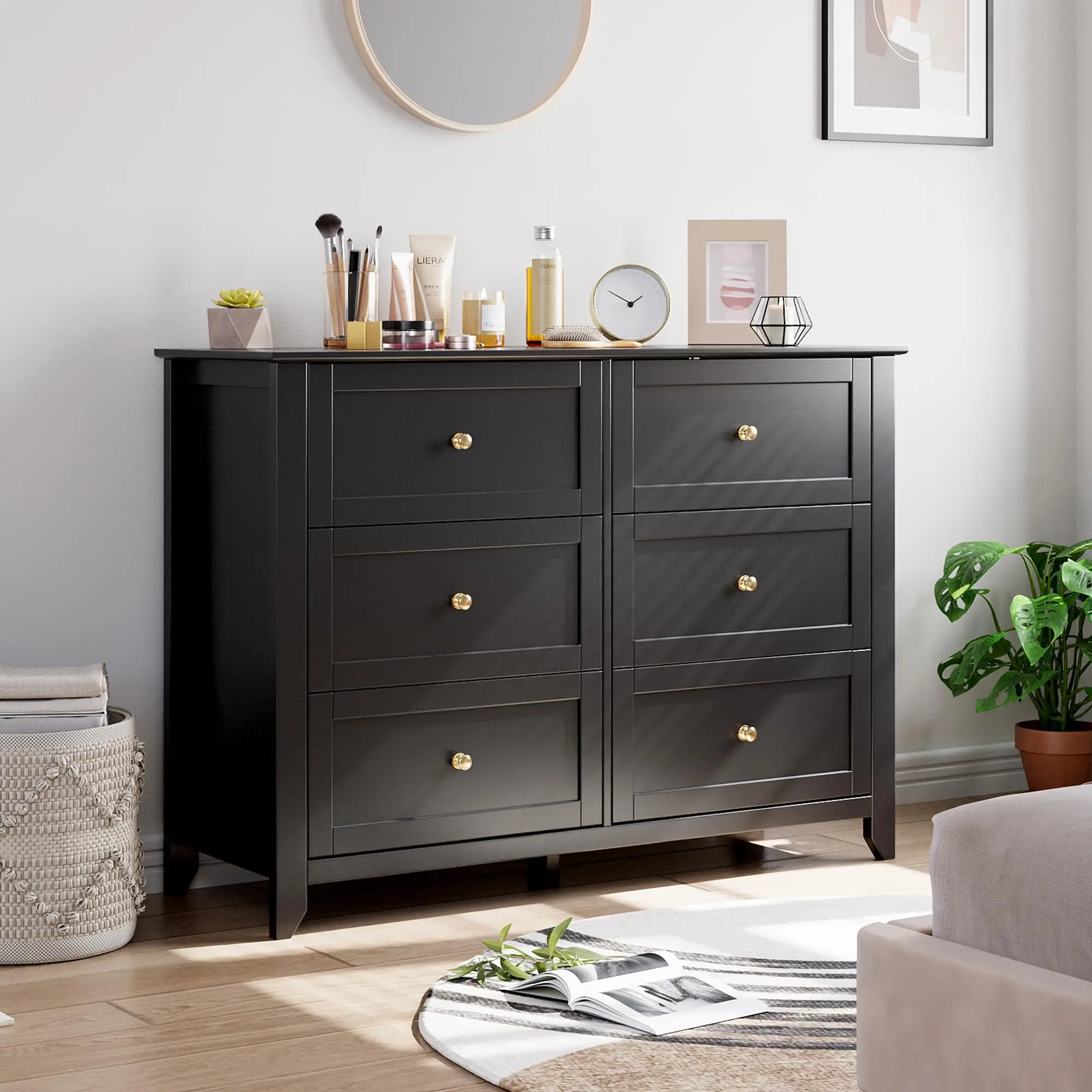 2 Pcs 6 Drawer Dresser for Bedroom, Simply Modern Chest of Drawers, Black Wood Storage Double Dresser with Deep Drawers for Living Room, Hallway Entryway(One Piece,one box)