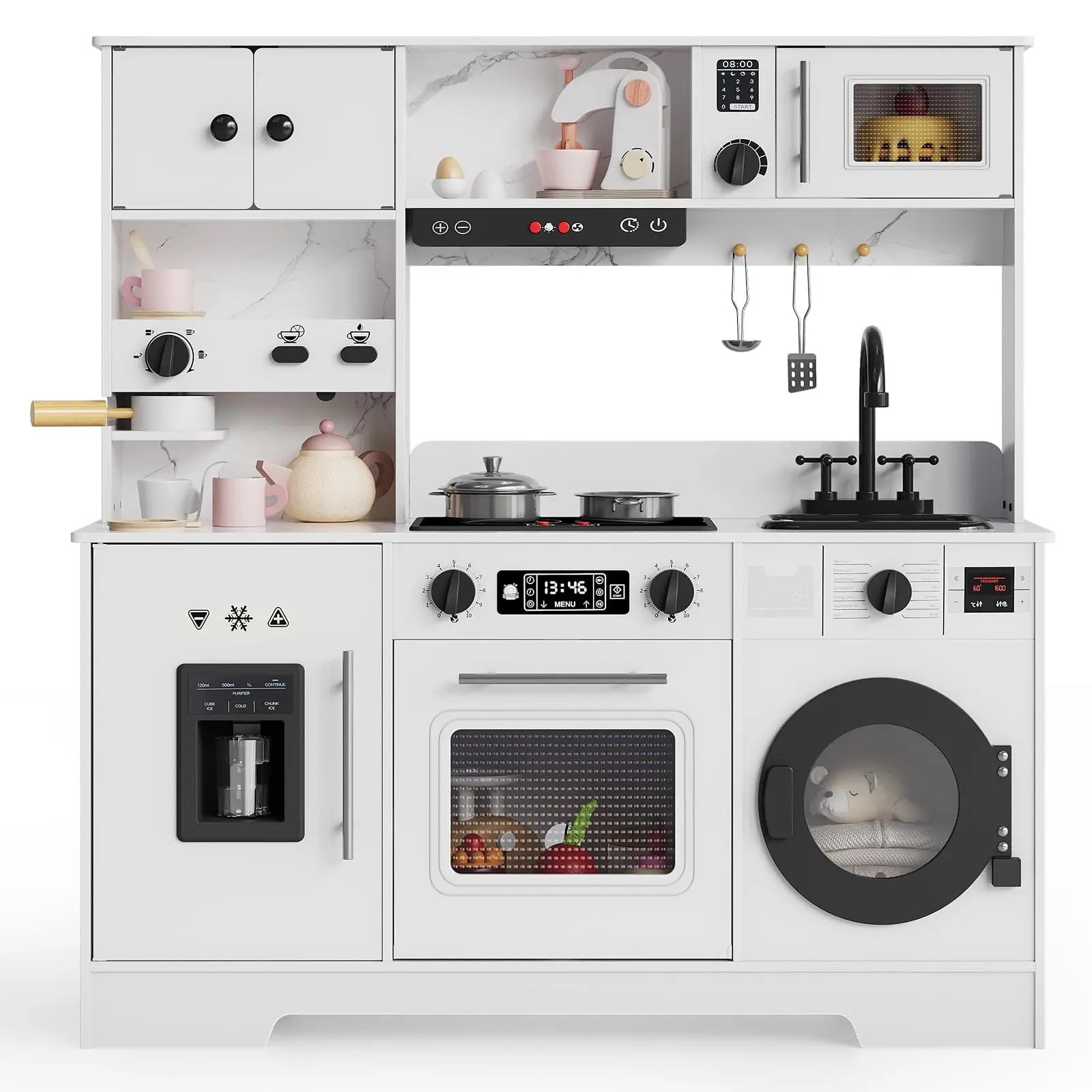 8-in-1 Play Kitchen Cabinet, Wooden Kids Play Kitchen Playset Chef Pretend Play Set for Toddlers with Real Lights & Sounds, Toys Kitchen Toy Food & Cookware Accessories, Ages 3+, Ideal Gift