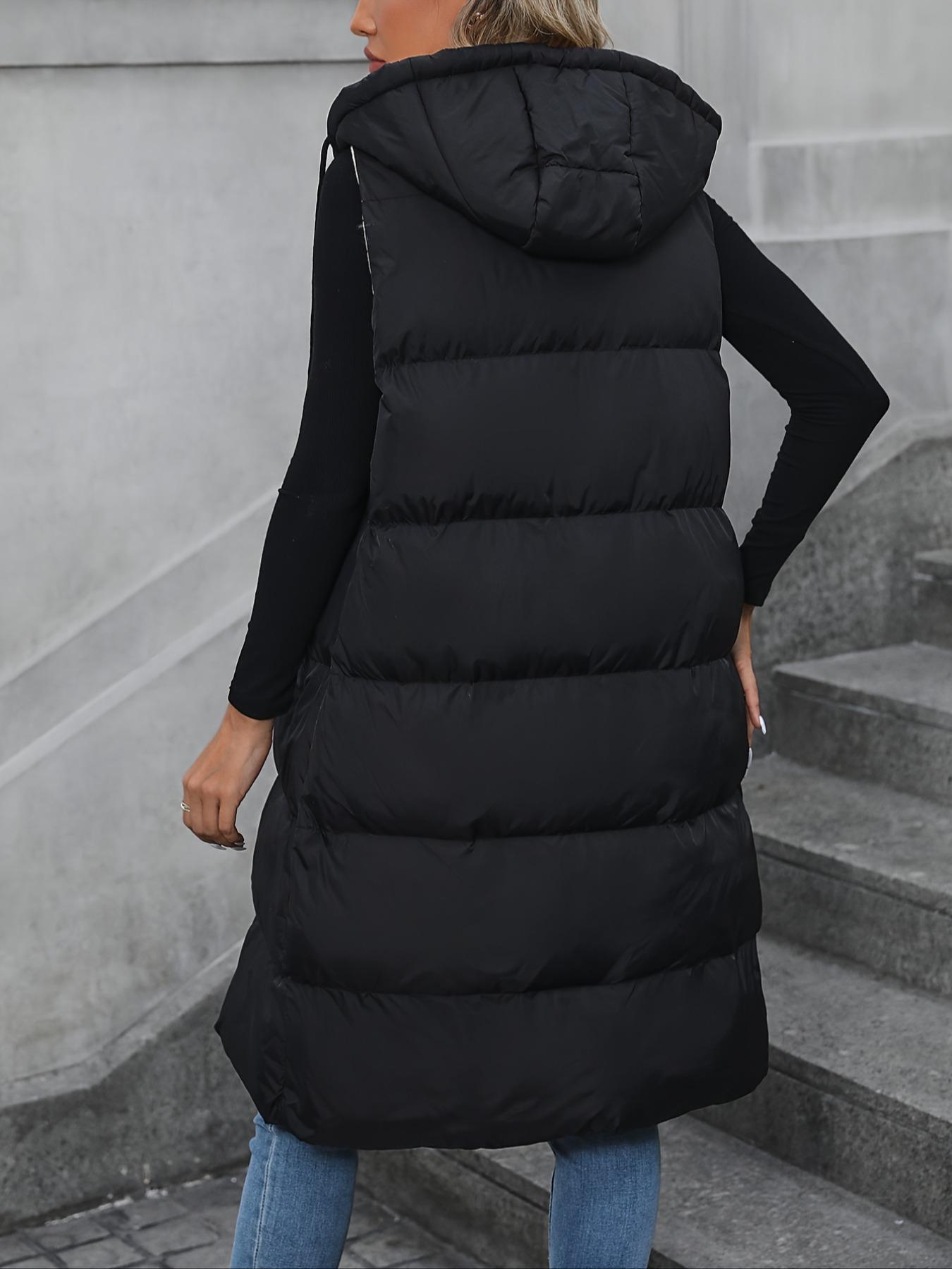 Women's Woven Solid Pocket Zip Up Drawstring Hooded Vest Winter Coat, Casual Fashionable Loose Sleeveless Thick Warm Coat for Daily Outdoor Wear, Women Clothing for Fall & Winter, Womenswear