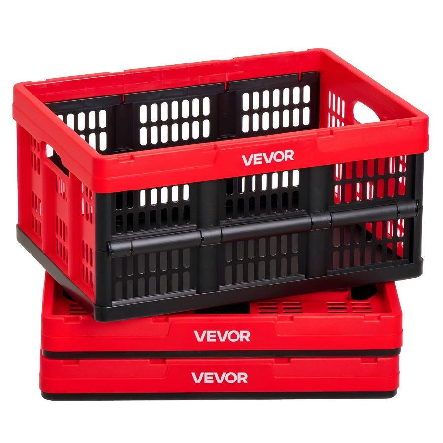 VEVOR Plastic Collapsible Storage Bins, 32L 3 Packs, Stackable Folding Storage Crates with Handles, Holds 26 lbs Per Bin, Foldable Heavy Duty Containers, Space-Saving Baskets, for Home Organizing