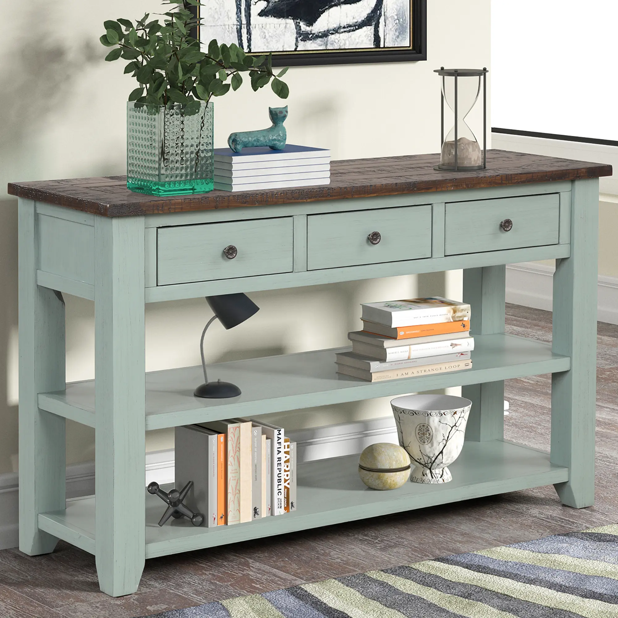 48.8" Vintage Console Table with 3 Drawers and 2 Shelves, Retro Blue/Brown, YATU Living