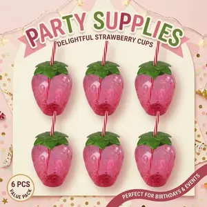 6-Pack strawberry pattern cup with straw, suitable for all kinds of party cold drink cups, cute modeling cups, outdoor dinner activity cups (only cold drinks can be installed)