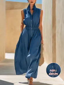 Women's Sleeveless Stand Collar Buttoned Waist Wide Leg Denim Jumpsuit, Casual Comfortable Design, Ideal for Daily Wear and Light Vacations
