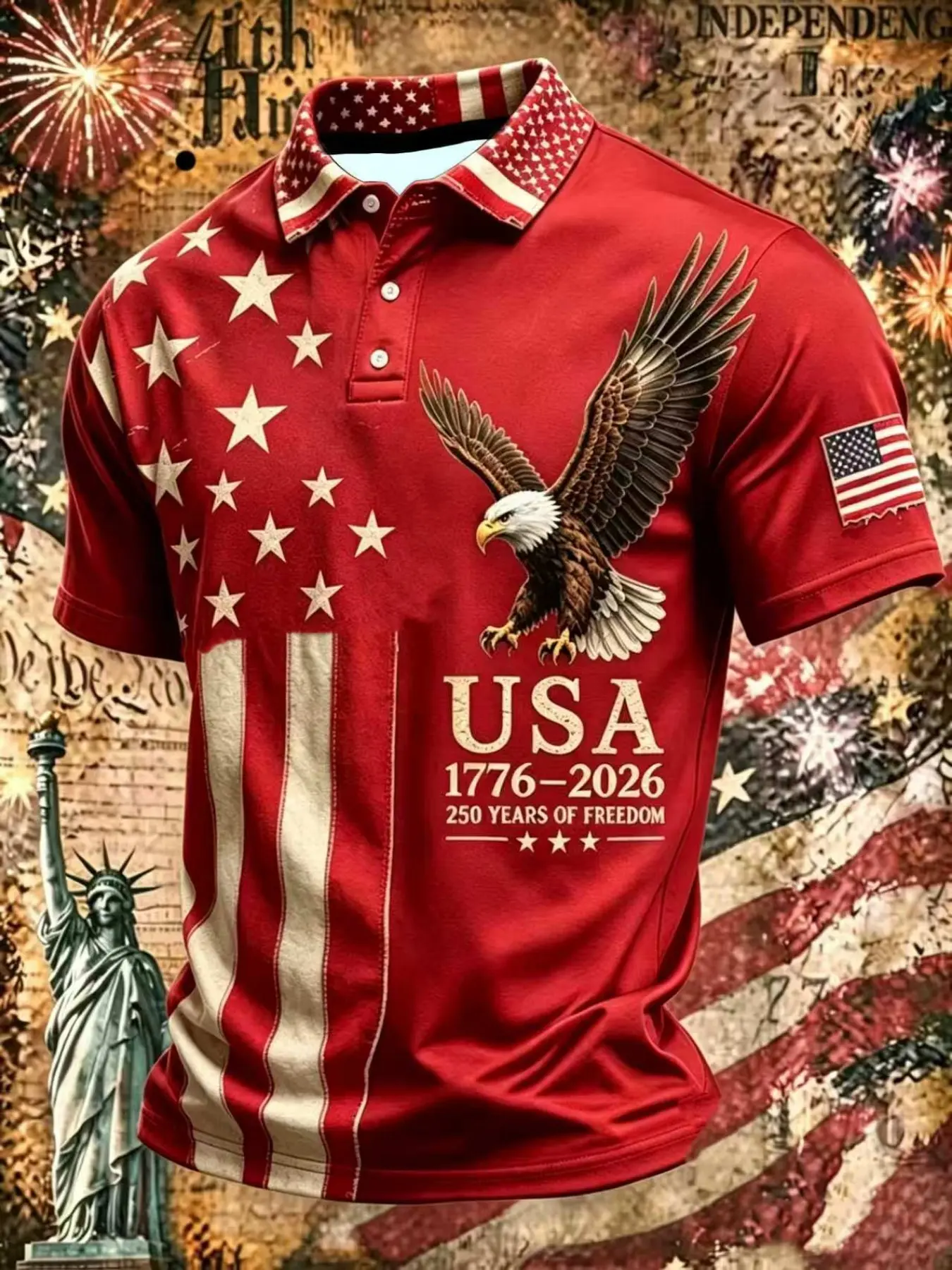 Men's American Independence 250th Anniversary Polo Shirt, Vintage Star-Spangled Banner, Flying Eagle, Usa Letter Print, Golf T-Shirt