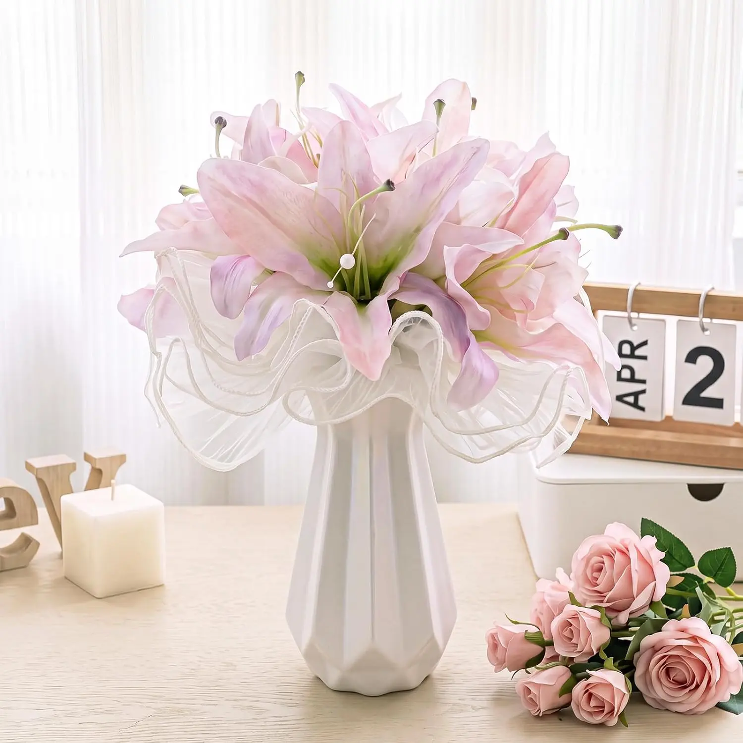 Tigeen 11 pcs Artificial Lilies Bouquet Silk Flowers, Pink Purple Faux Lily Flowers with Ribbon, Fake Lilies Floral Arrangement for Table Vase Centerpiece Home Wedding Anniversary Decor