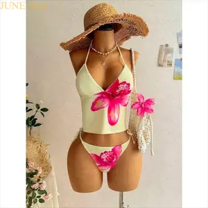 Women’s Floral Print Two Piece Halter Tie Bikini Set, High Stretch Comfort Bathing Suit for Summer Beach Poolside Tropical Vacation Relaxation
