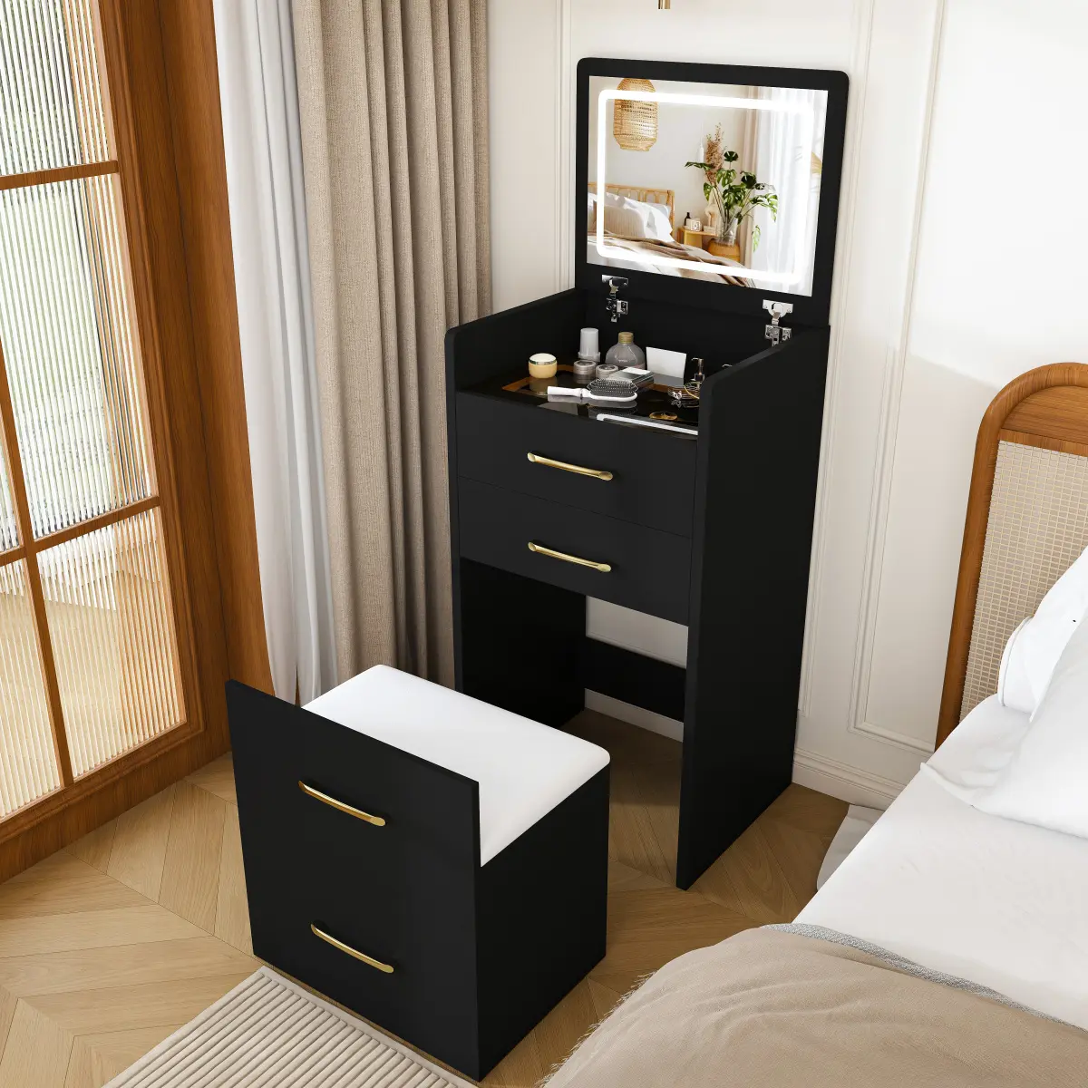 Black 3-in-1 Compact Makeup Vanity Desk with Open-Top Mirror, Visible Glass Desktop, and 3 Drawers for Bedroom Indoor Furniture Makeup Dressing Table Modern Makeup Table