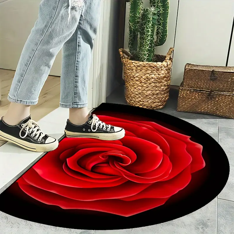 1 piece "Exquisite Cartoon Black Background and Bright Red Roses Blooming" Semicircular Mat, Indoor Mat, Mat, Creative Door Mat, Entrance Theme Mat, Home Decoration, Non-slip Floor Mat, Bedroom Accessories, Photo Props, Outdoor Decoration
