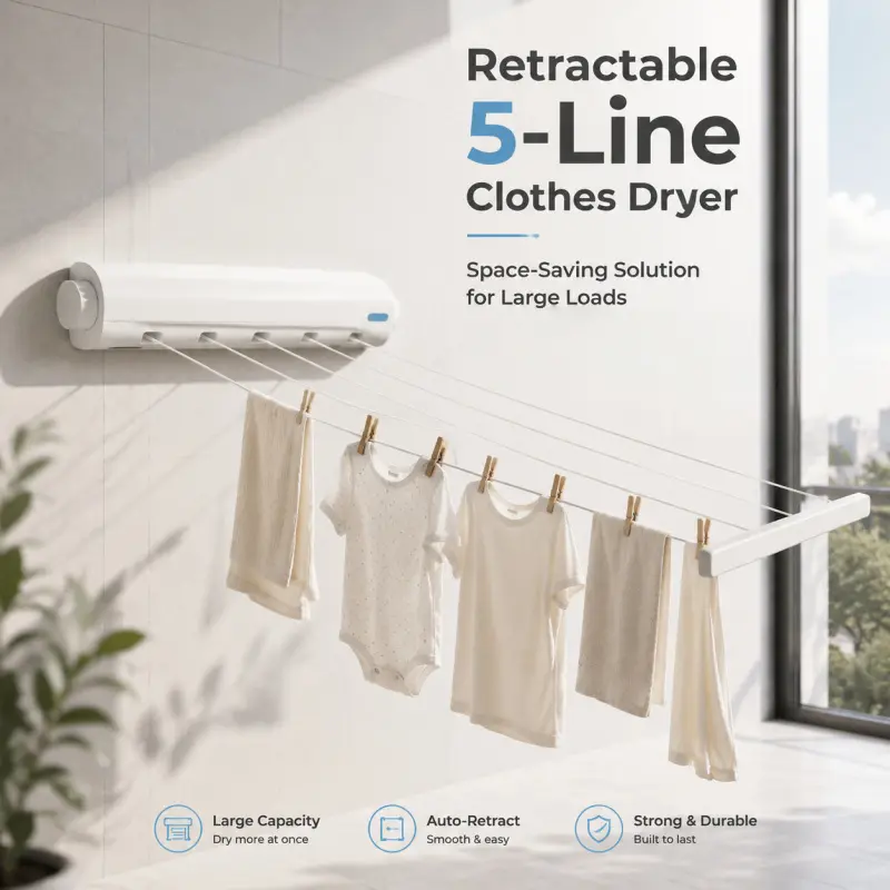 Wall Mounted Retractable 5-Line Clothes Drying Rack, Auto-Retract Space Saving Laundry Line With Large Hanging Capacity, Heavy Duty Durable Indoor Balcony Retractable Clothes Dryer For Garments, Towels And Baby Clothing
