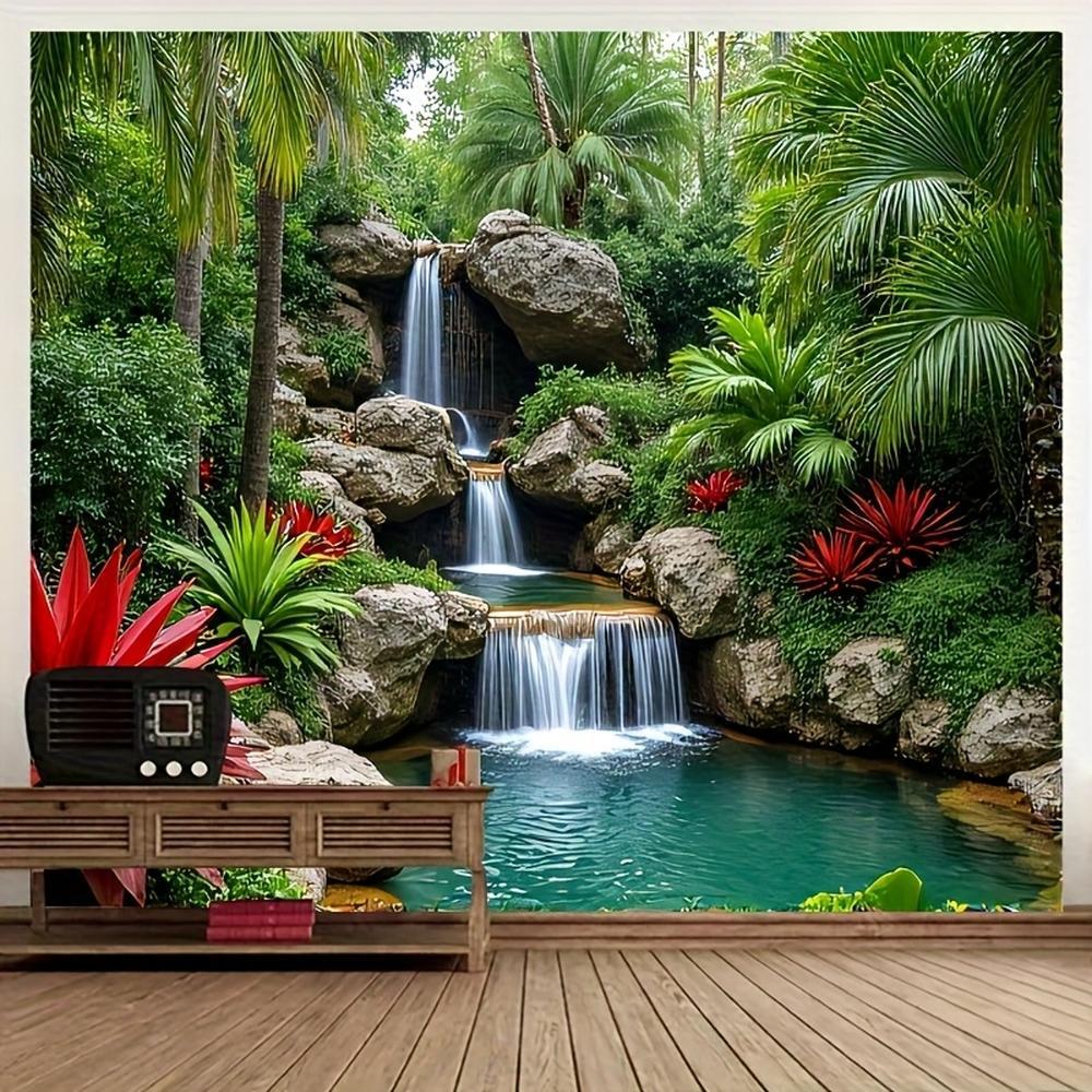 1PC Polyester 2D Flat Tropical Rainforest Waterfall Tapestry Wall Mural - Digitally Printed Indoor/Outdoor Room Decor, House Decor for Bedroom, Living Room Homestay Backdrop