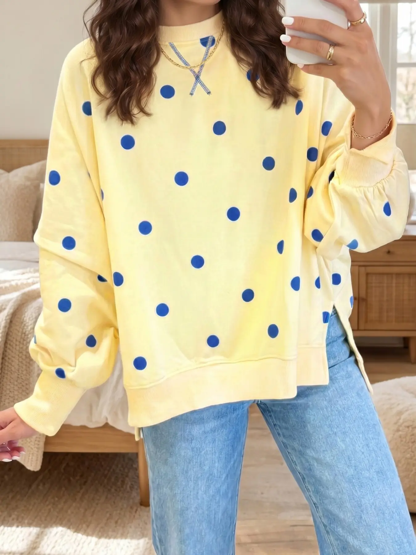 Women's Polka Dot Sweatshirt, Loose Fit Oversized Round Neck Batwing Sleeve Long Sleeve, Colorblock Print Casual Comfortable Sporty Pullover