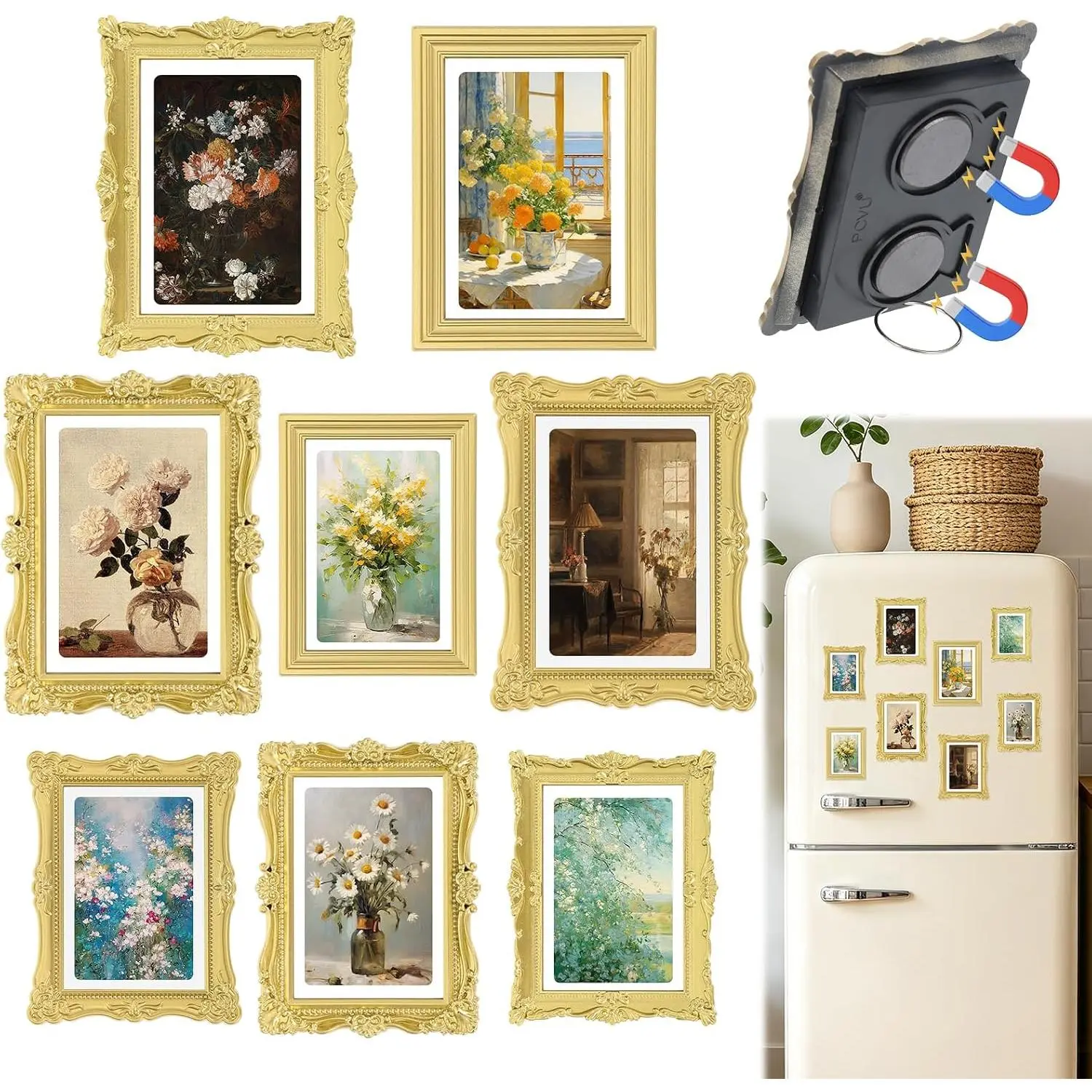8 Pcs Vintage Magnetic Picture Frames for Refrigerator Mini Gold Victorian Style Refrigerator Magnetic Picture Frames Miniature Baroque Art Decor Set for Kitchen Office Home