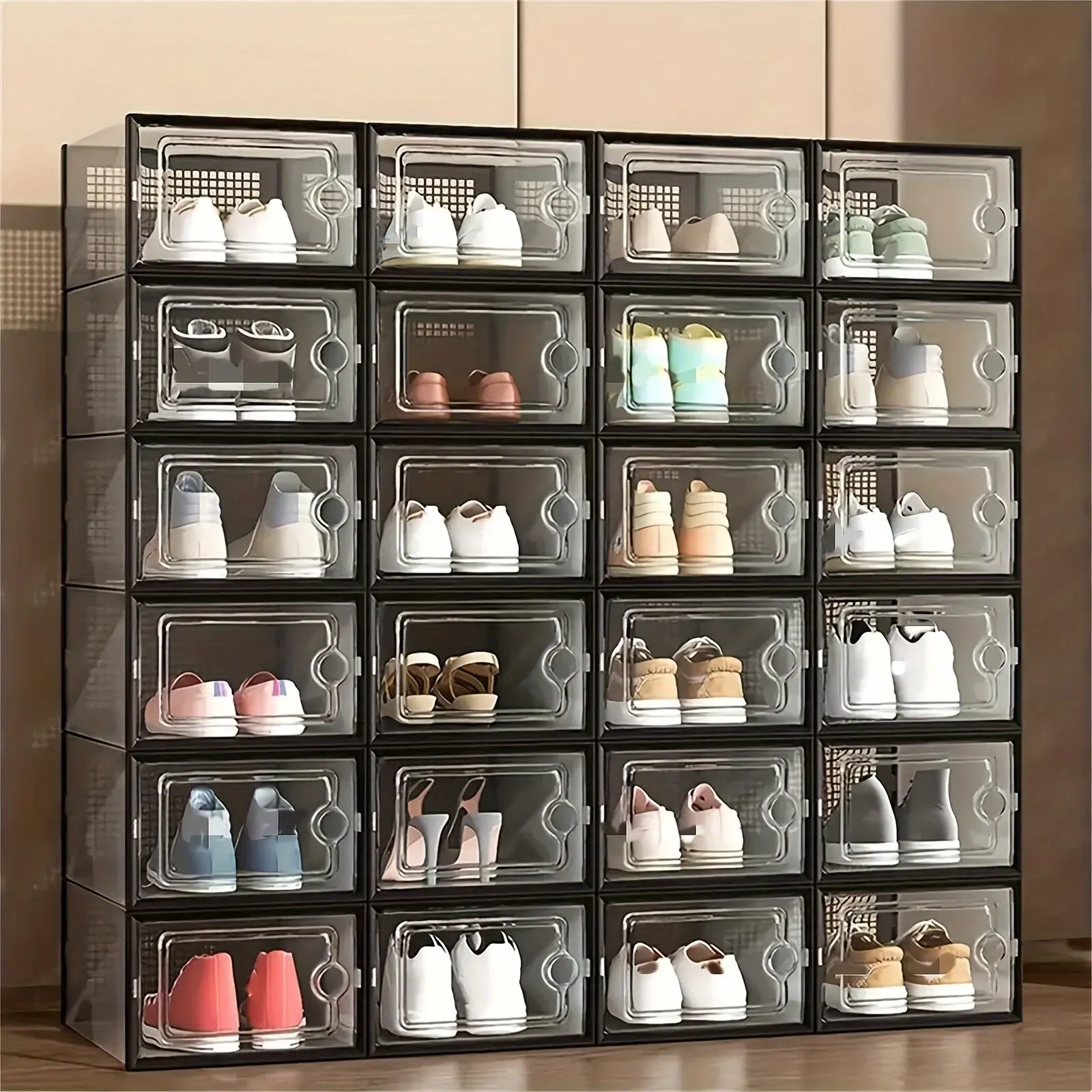 6/12/24 Pcs Thick Transparent Shoe Box with Lid, Foldable Stackable Shoe Rack, Space Saving Storage Organizer, Plastic Sports Shoe Container for All Shoe Types, Ideal for Foyer Bedroom Home Dormitory