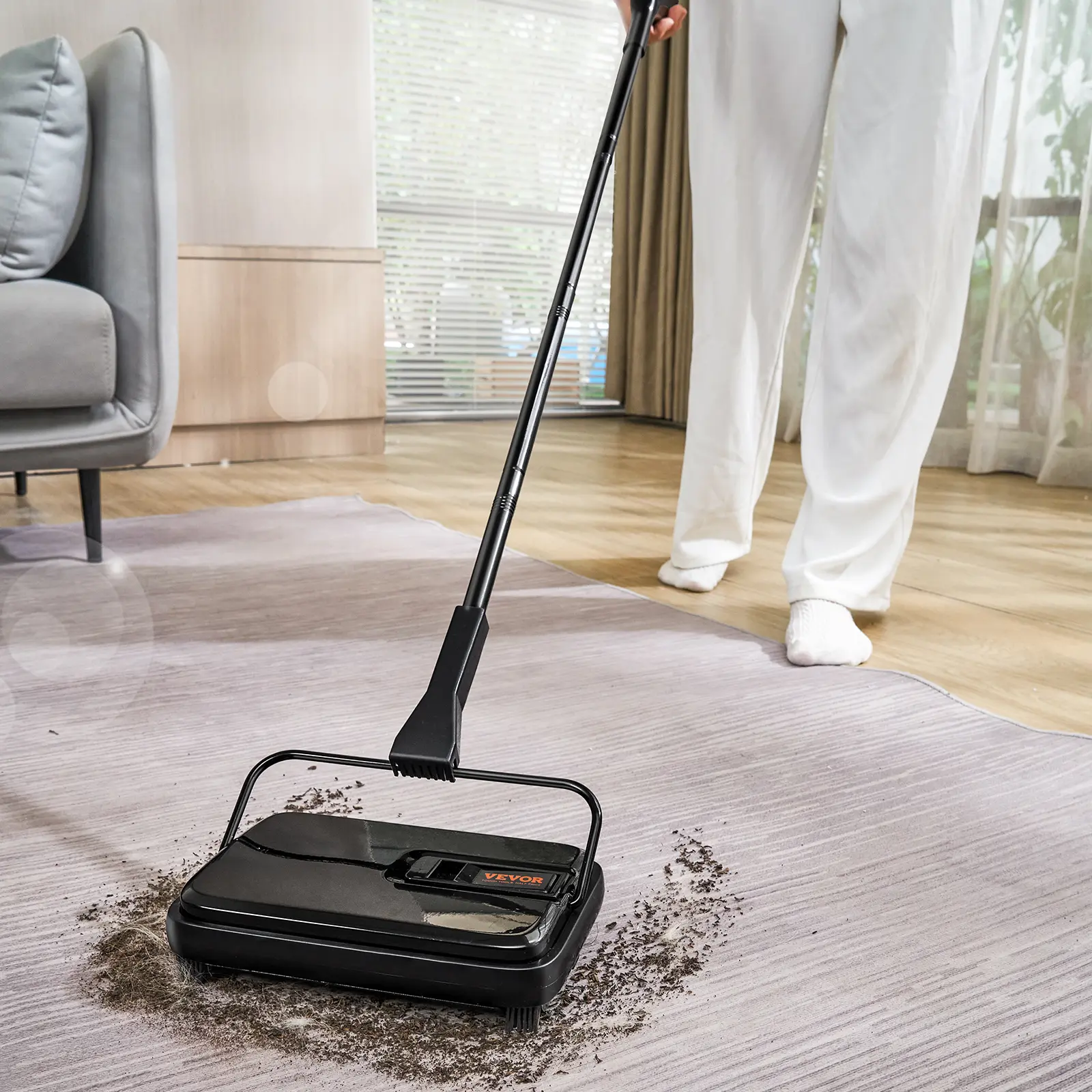 Carpet Sweeper, 7.87 In Sweeping Paths, Floor Sweeper Manual Non Electric, 300 Ml Dustbin Capacity With Comb For Home Office Rugs Hardwood Surfaces Wood Floors Laminate, Cleans Dust Pet Hair