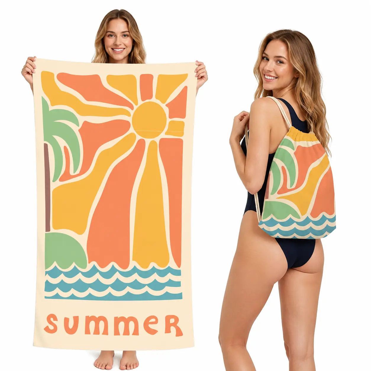 Oversized 2-in-1 Microfiber Beach Towel Blanket - Light, Sunset Photo Print, Fleece-Lined, Sand-Free, Quick-Dry, Foldable with Drawstring Bag for Travel Camping, Retro