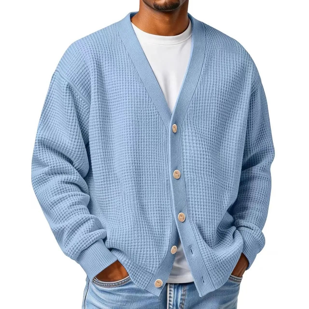 Men's American-style V-neck knit cardigan-new for Autumn/Winter 2026. A loose-fitting, versatile solid-color sweater designed for outerwear.