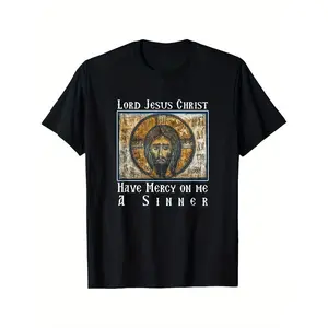 180g[100%cotton]Men'S Orthodox Icon Prayer T-Shirt, Featuring 'Lord Christ, Have Mercy on Me, a Sinner', Print Short-Sleeve Round-Neck Casual Top, Machine Washable Religious Apparel for Church, Faith T-Shirt, Christian T-Shirt