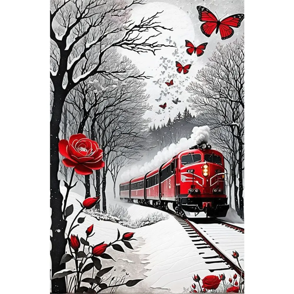 2d flat painting 5D DIY Diamond Painting Kit Round Diamonds with Tools Red Train in Snowy Forest Butterfly Rose Pattern Home Wall Decor Craft for Adults Kids Gift