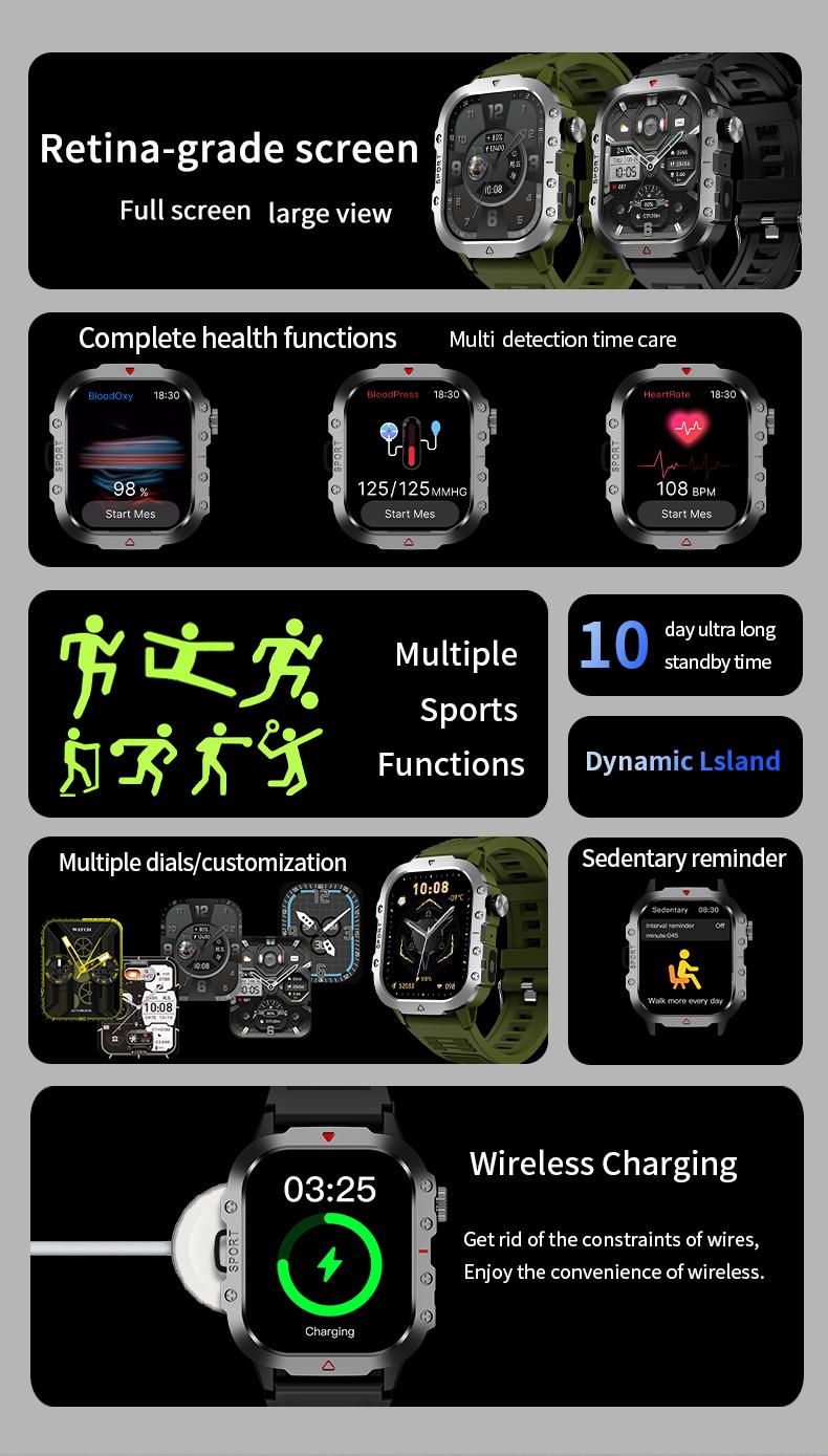Rugged Military Smart Watch Men's Outdoor Watch 2.01" HD Touch Screen Voice Bluetooth Call Smartwatch